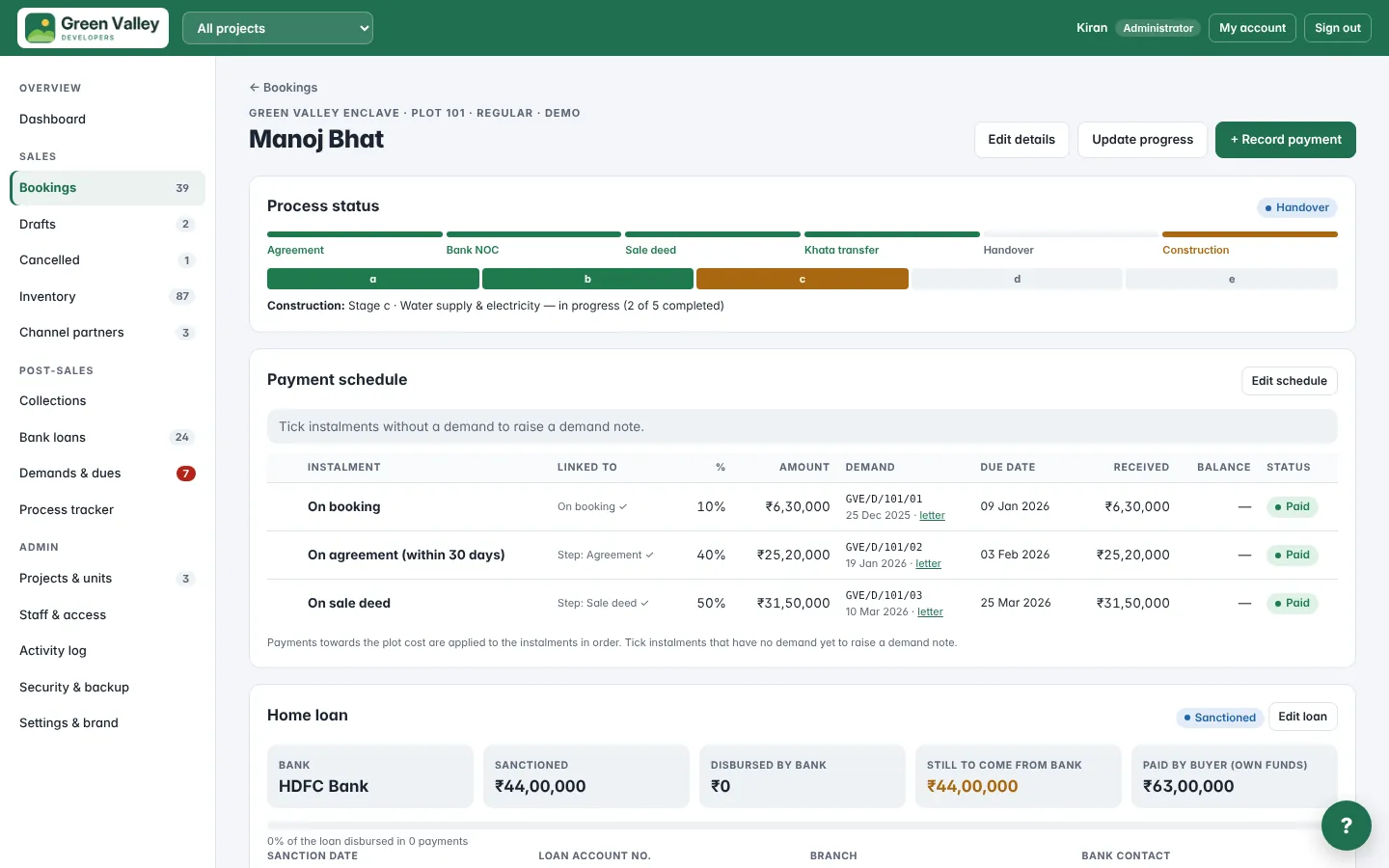 Buyer page with process status and payment schedule